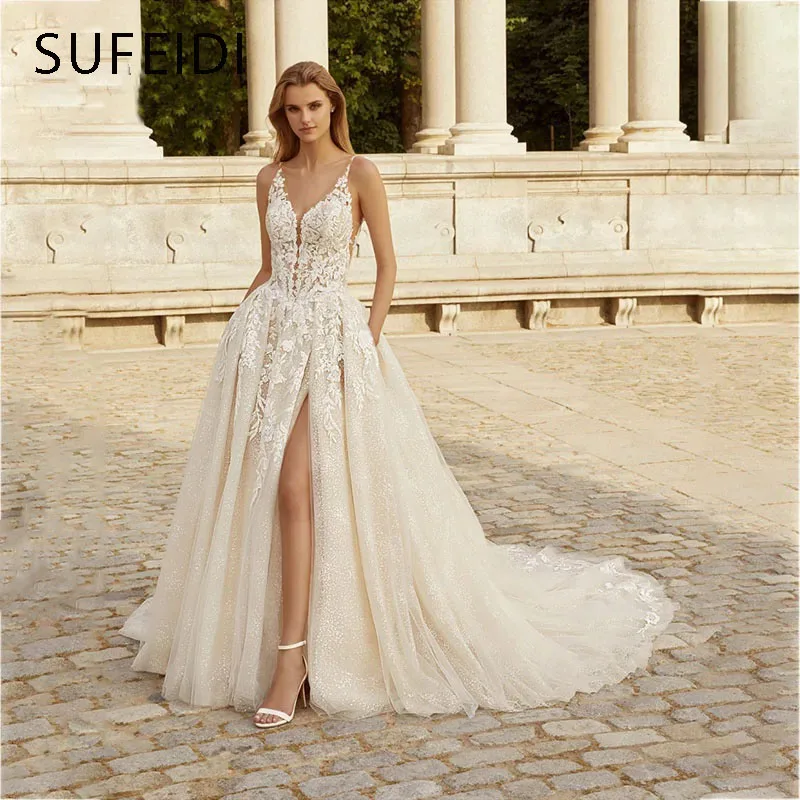 IMANKA Charming Sparkly Wedding Gown for Bride Open Back Lace Appliques Sleeveless High Side Slit Court Train Customized