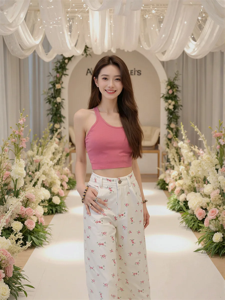 Sweet Floral High Waist Jeans Baggy For Woman Denim Pants Women Clothes Summer Lightweight Bootcut Beachwear Holiday Vacation BF