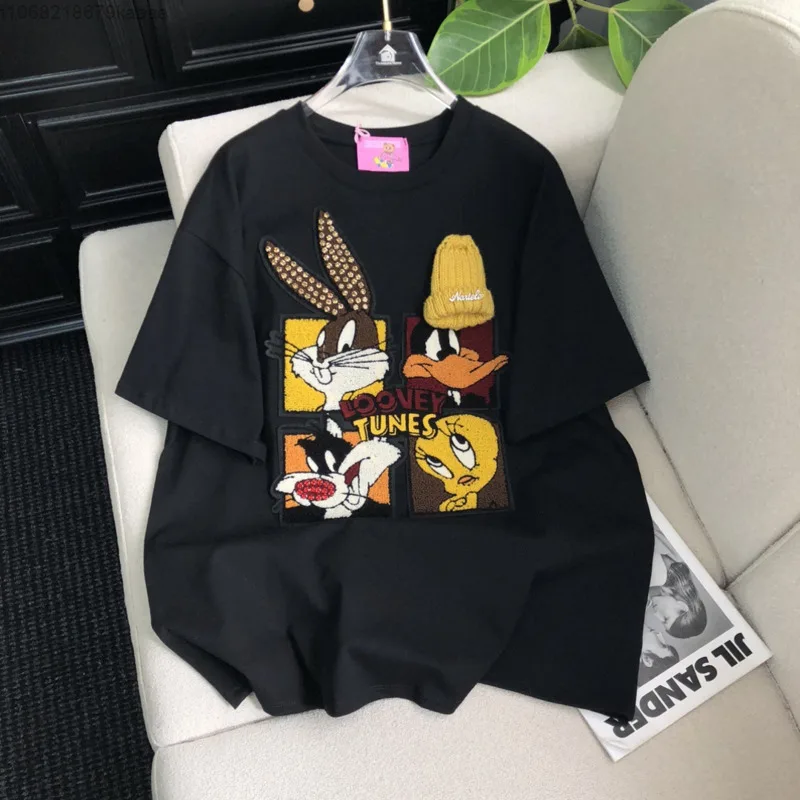 Disney Fun Cartoon Donald Duck Nieuw katoenen T-shirt met korte mouwen Lente Nieuwe modetrend T-shirt Losse pluche patch Damestop