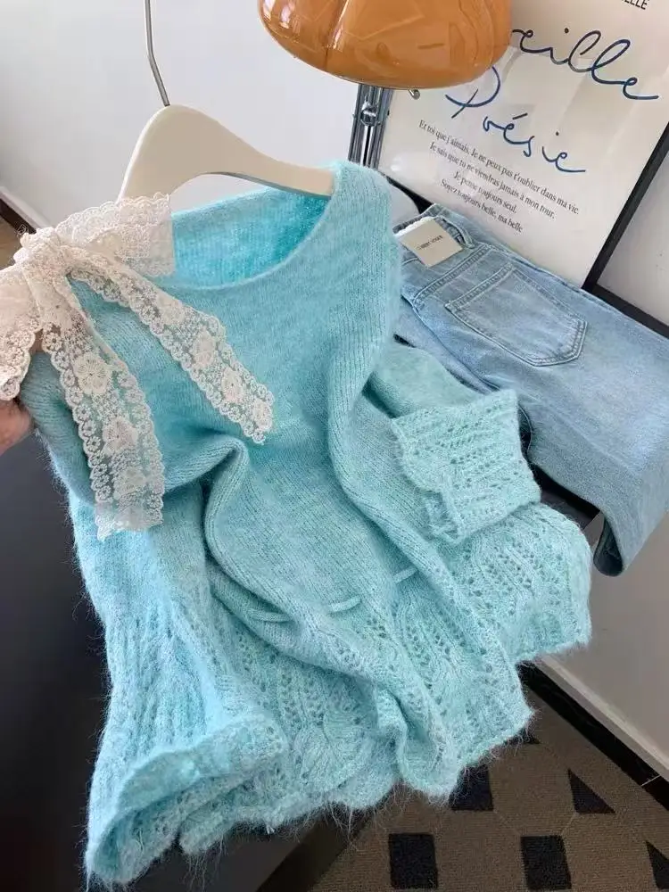 

Women's Lace Bow Tie Strap Hollow-out Long Sleeved Pullover Sweater 2000s Clothes Fashion Female Vintage Autumn Knitted Sweater