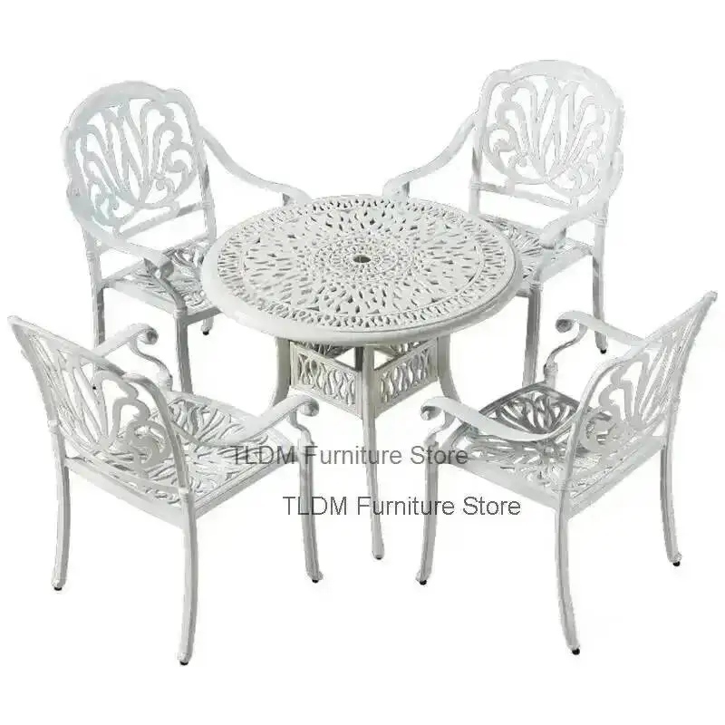 and European Garden Iron Table Villa Chair Balcony Leisure Table set White Simple Outdoor Waterproof Table Aluminum Furniture