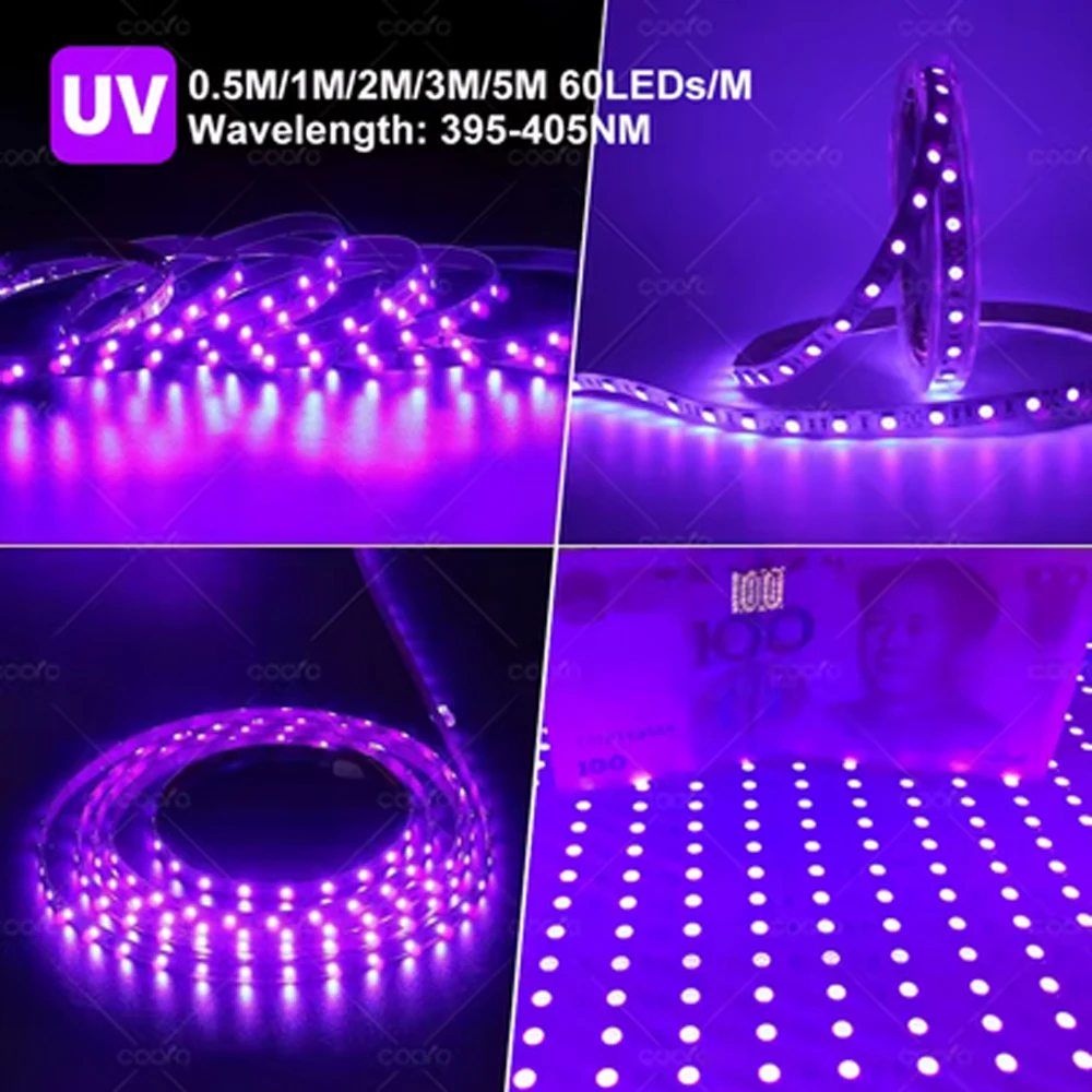 DC24V UV LED Strip Light 395nm-405nm SMD 2835 240LEDs/M Flexible LED Lamp Ribbon Diode Tape for Glow Fluorescence Party Lighting