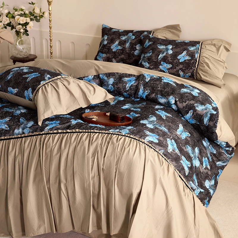 Blue Butterfly Digital Printing Bedding Sets Luxury 4pcs Washed Cotton Duvet Cover Bed Sheet Pillowcases Home Textile