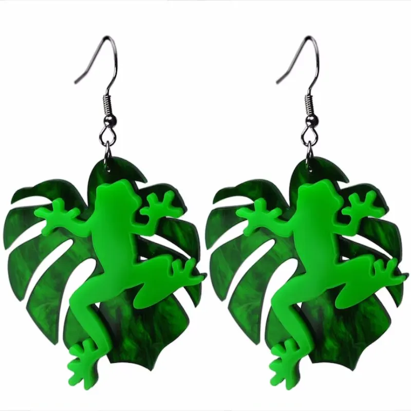 Funny Green Leaf Frog Acrylic Women's Earrings Creative Printed Acrylic Handmade Animal Frog Jewelry Earrings Ornaments Gifts