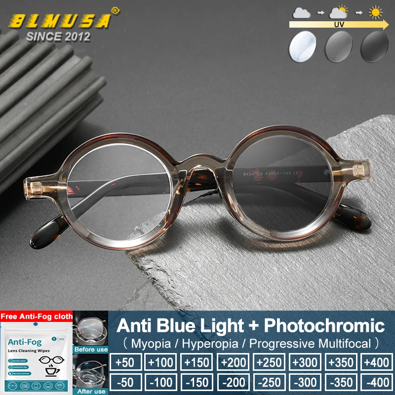 

Очки для чтения BLMUSA (S) с простой маленькой круглой оправой, фотохромные, с диоптриями, для мужчин и женщин, с фильтром синего света, прогрессивные