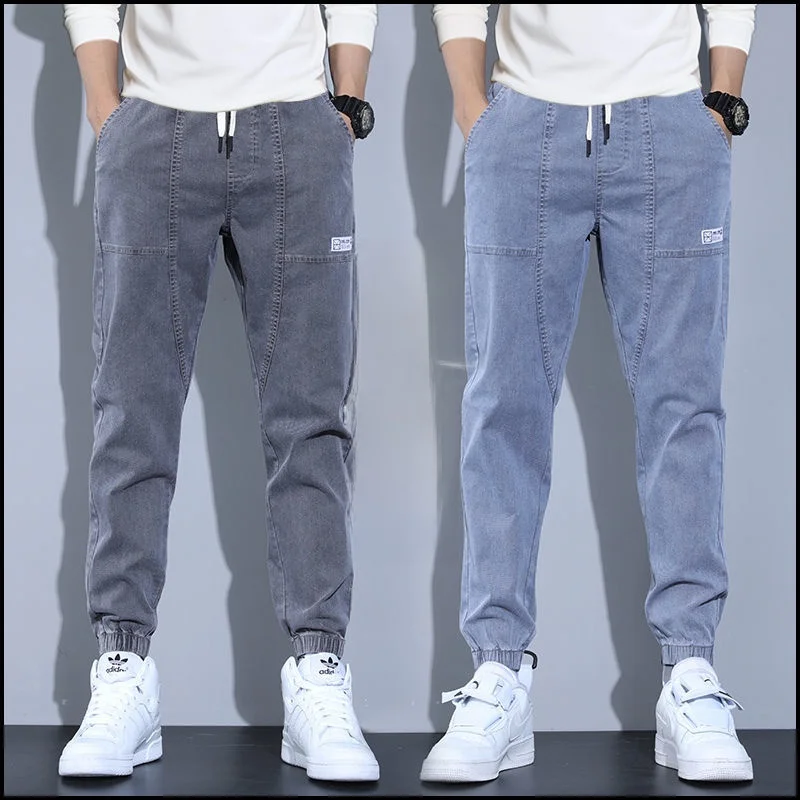 

Летние мужские джинсы свободного кроя с поясом, повседневные универсальные длинные брюки прямого кроя из смесового хлопка и полиэстера, без стрейча