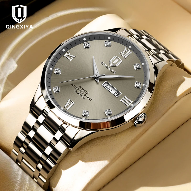 Qingxiya marca de moda relógio masculino à prova dwaterproof água luminosa aço inoxidável duplo calendário exibição relógios quartzo masculino reloj hombre
