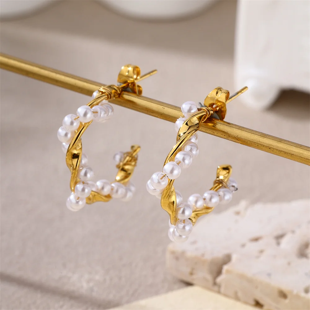 New Trendy Braid Simulated Pearl Earrings Woman Stainless Steel Boucle D’oreille Femmes Ear Accessories