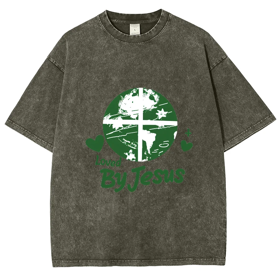 Loved By God Y2k Washed Short Sleeve TShirt, Cartoon Creative Printed Unisex Vintage Streetwear New Fashion Casual Tee Plus-Size