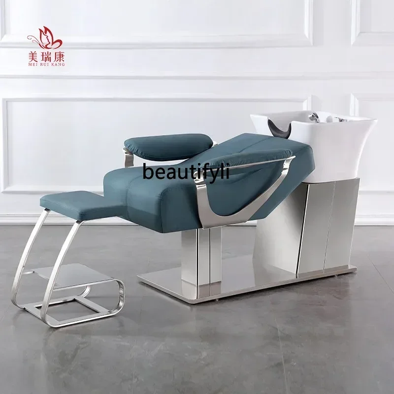 smt14 Toko Tukang Cukur Kursi Sampo Berbaring Setengah Keramik Baskom Tempat Tidur Perawatan Pijat Kepala Thailand Baja Tahan Karat