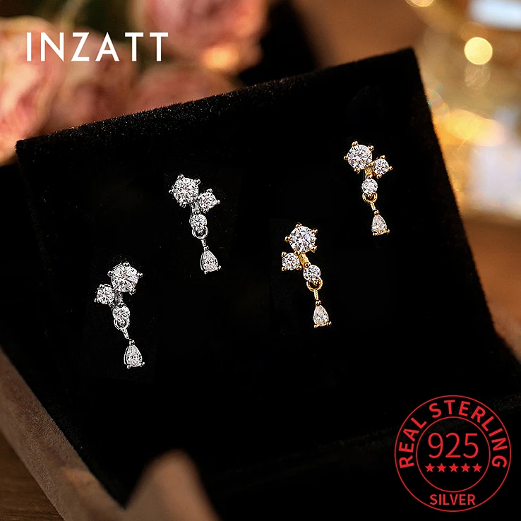 INZATT Real 925 Sterling Silver Zircon Tassel Stud Earrings for Women Light Luxury Fine Jewelry Minimalist Accessories