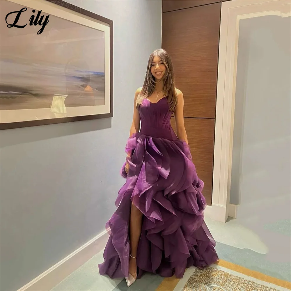 

Lily Purple Elegant Prom Dresses Organza Sweetheart - Neck Formal Gown Side High Split and Ruffled Tulle Ball Gown Customized