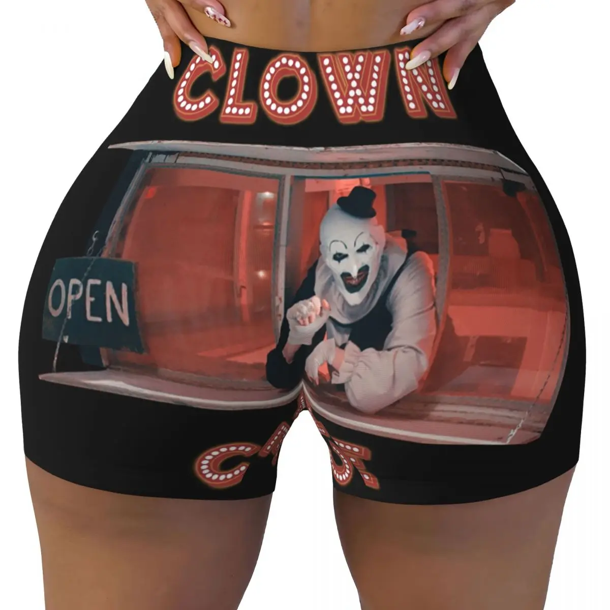 

Custom Terrifier Clown Cafe Volleyball Biker Workout Shorts Women Gym Athletic Yoga Shorts