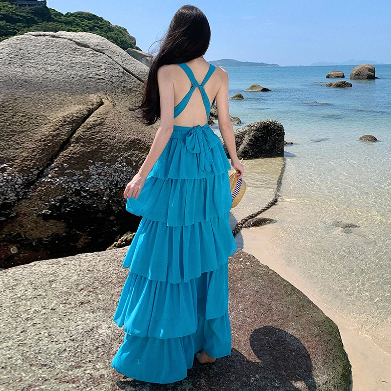 Verão sexy profundo decote em v chiffon férias praia maxi vestido boho feminino halter sem mangas rendas até camadas sem costas babados longo robe