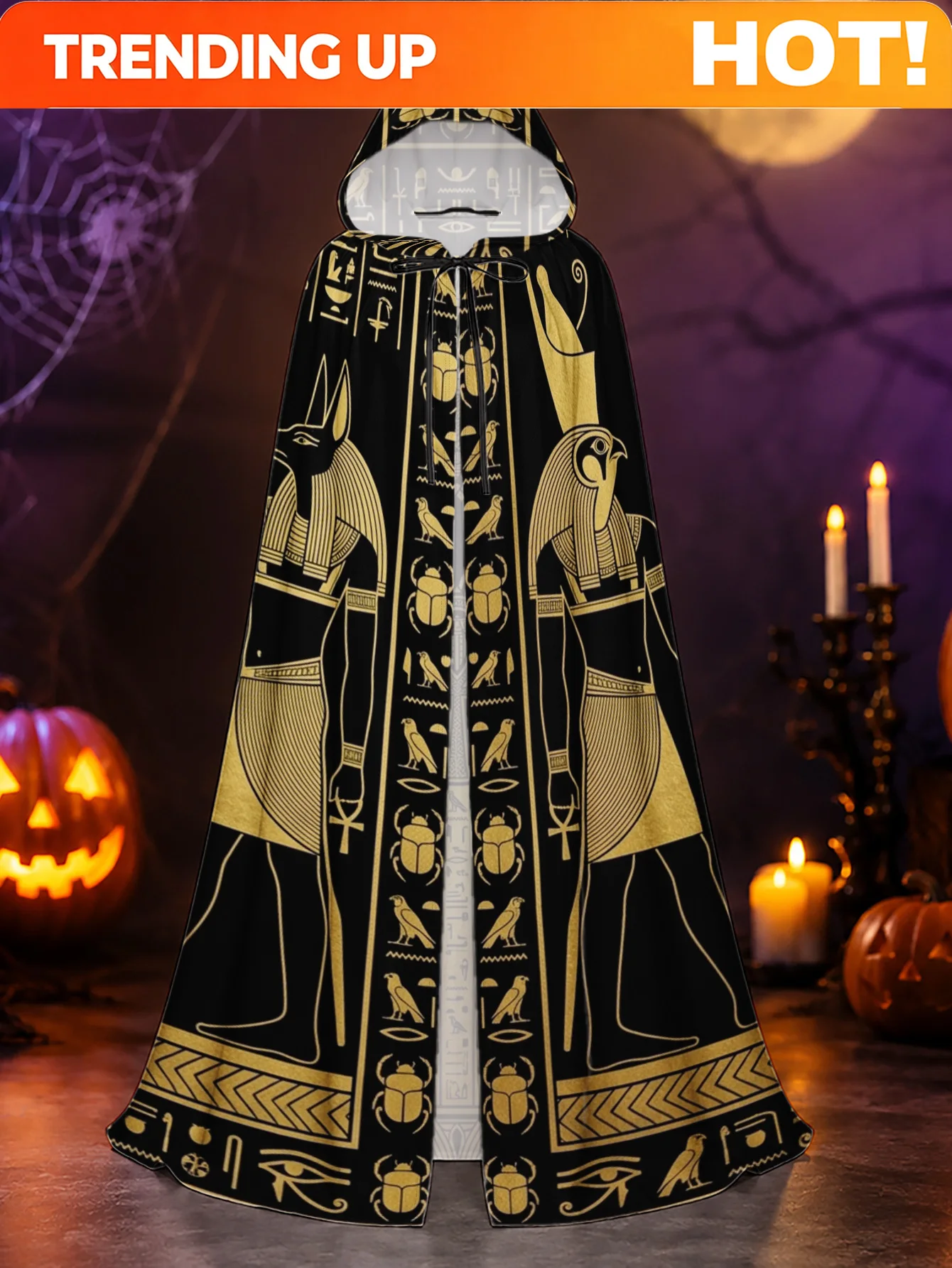 Customization 1pc, Halloween And Christmas Costume Cloak With Ancient Egyptian Golden Pattern, Material, Suitable For Haunted
