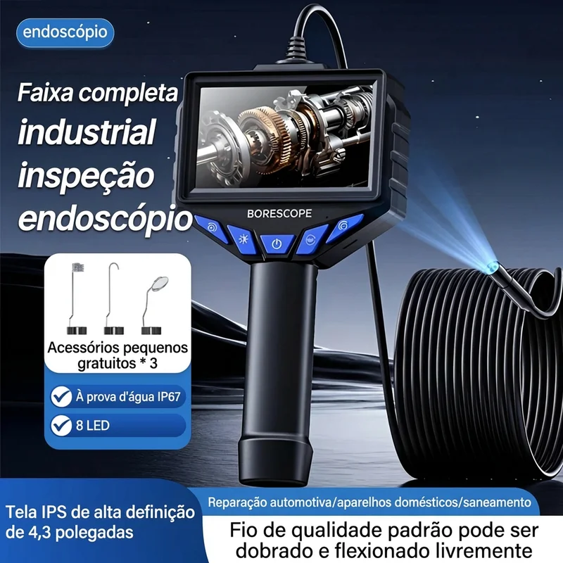 Cámara Endoscópica 1080P HD con Pantalla IPS de 4.3 Pulgadas, 8 Luces LED, Resistente al Agua IP67, Cámara de Inspección Boroscópica para Automóviles, Tuberías y Motores