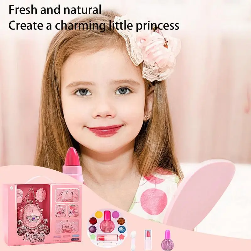 Kit scatola per trucco per bambini Set di cosmetici a forma di carrozza principessa Kit per trucco Set di bellezza portatile Giocattoli per trucco finto reale per piccoli