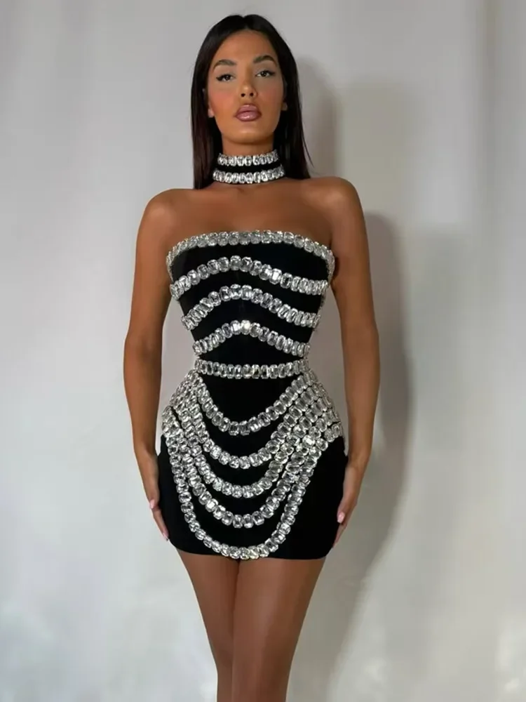

2025 Women Summer Celebrity Sexy Strapless Beading Black Mini Bodycon Bandage Dress Elegant Evening Club Party Dress