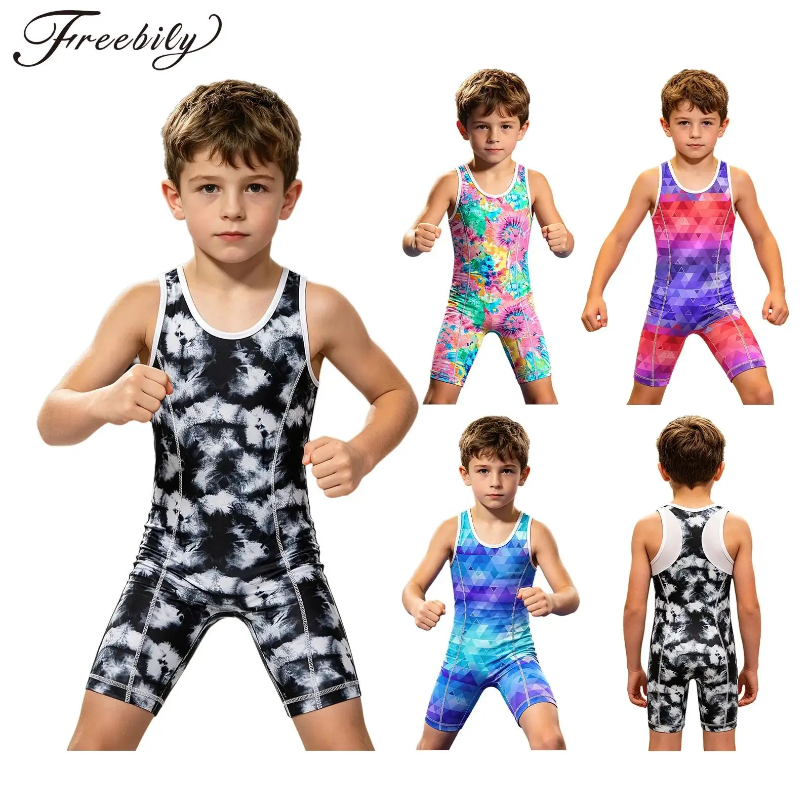 

Kids Boys Sleeveless Wrestling Singlet Leotard Quick-drying Printed Thigh Length Jumpsuit Gymnastics Cycling Running Bodysuit