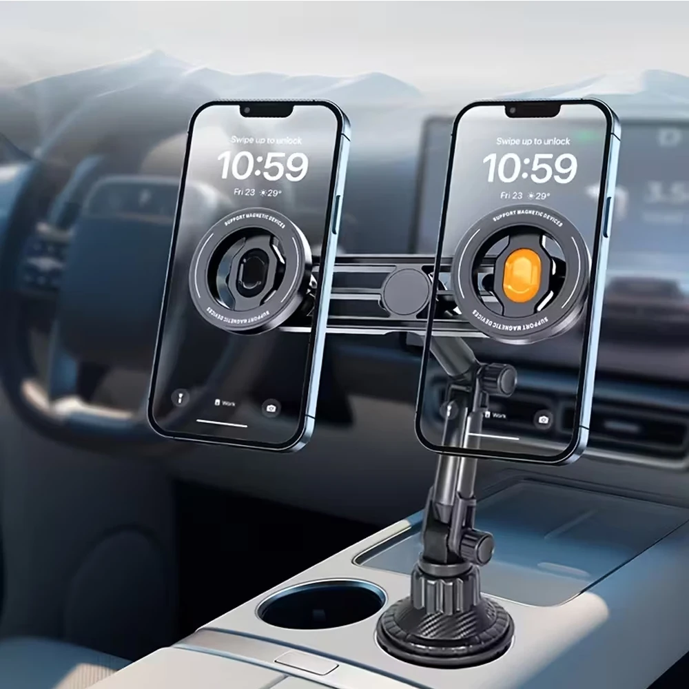 Magnetic Car Cup Holder Phone Mount Dual Device Stand for Apple MagSafe IPhone 15 14 Pro Max Samsung S24 Universal Auto Cradle