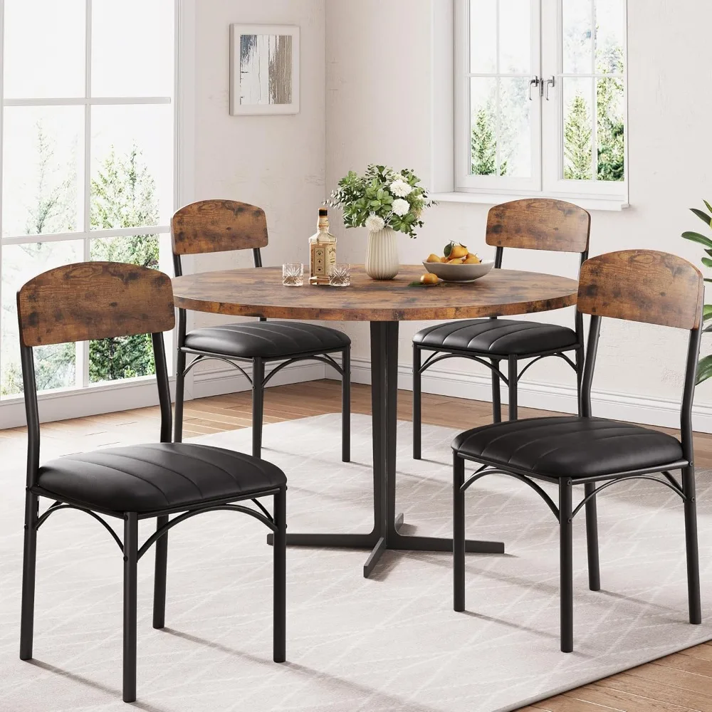 Set of 4 Industrial Style Dining Chairs: PU Leather Seats, Wooden Backrests, Metal Legs, Suitable for Living and Dining Rooms