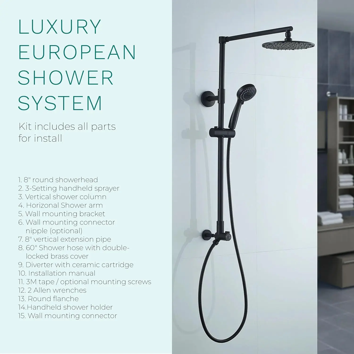 Polaris 3 Rain Shower System, 8” Rainfall Shower Head and Handheld Shower Combo, includes 3-Setting Handheld Spray, Height