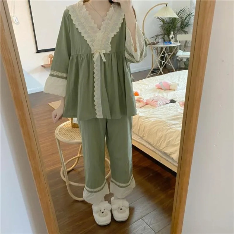 2024 New Pajamas for Women Solid Color Sweet Loose Sleepwear Pullover Homewear Set V-neck Lace Contrasting Colors Loungewear