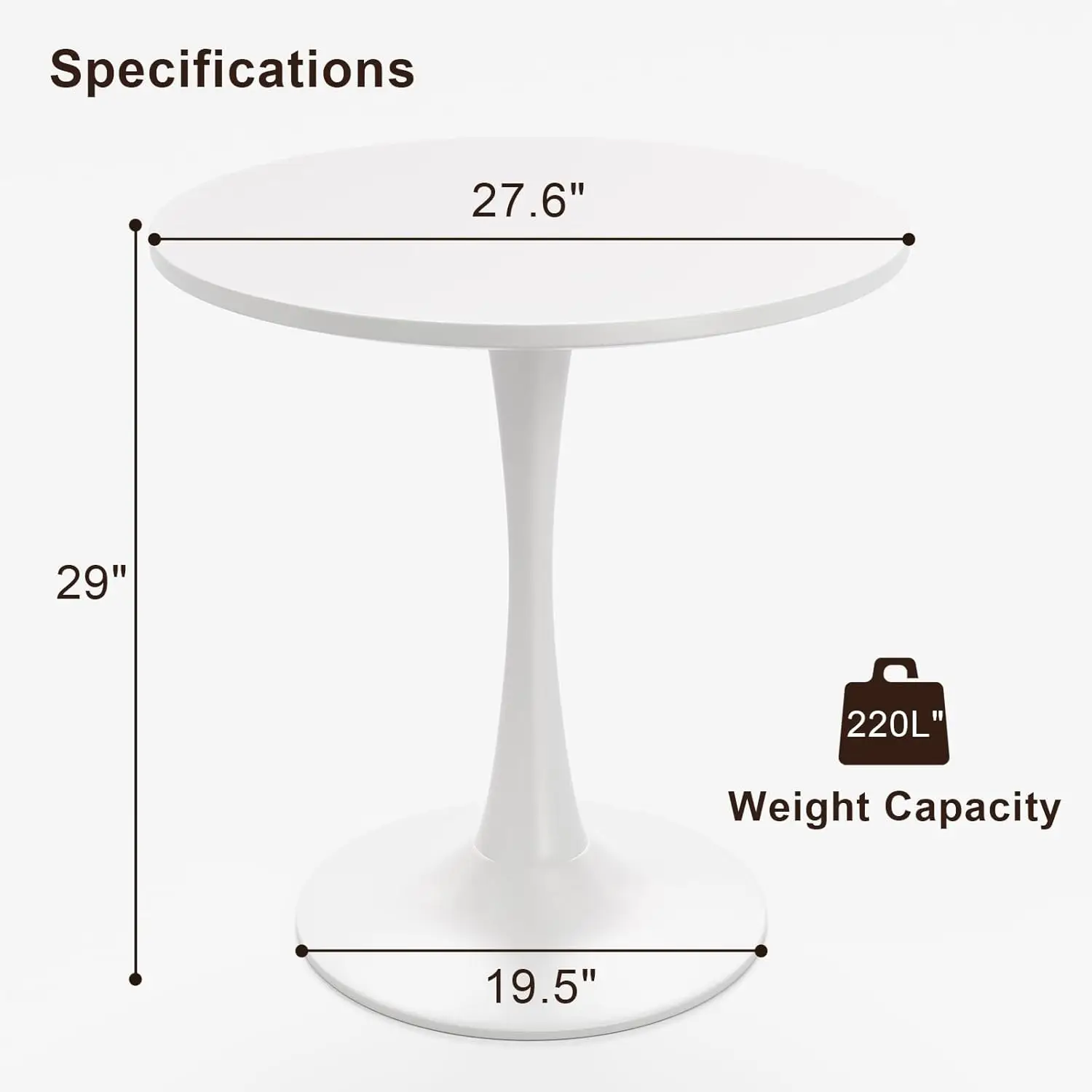 Mesa de comedor redonda blanca para mesa de tulipán pequeña de 2, 24 pulgadas con pedestal de metal para sala de estar, mesa moderna de mediados de siglo