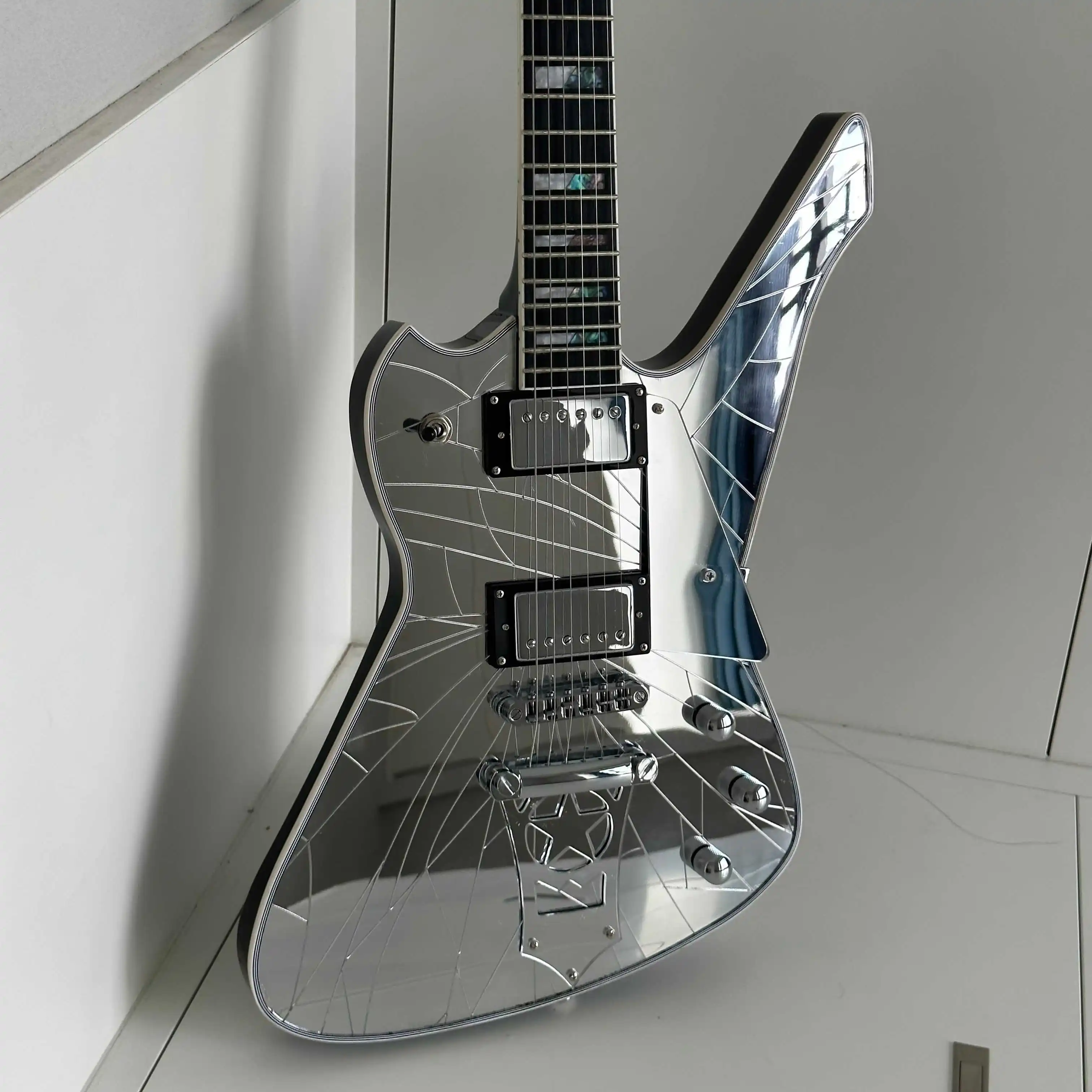 Asymmetrical  Electric Guitar, Abalone Pearl Split Block Inlay, Mirror Surface Body & Backcover, Star Shape Pickguard,HH Pickups