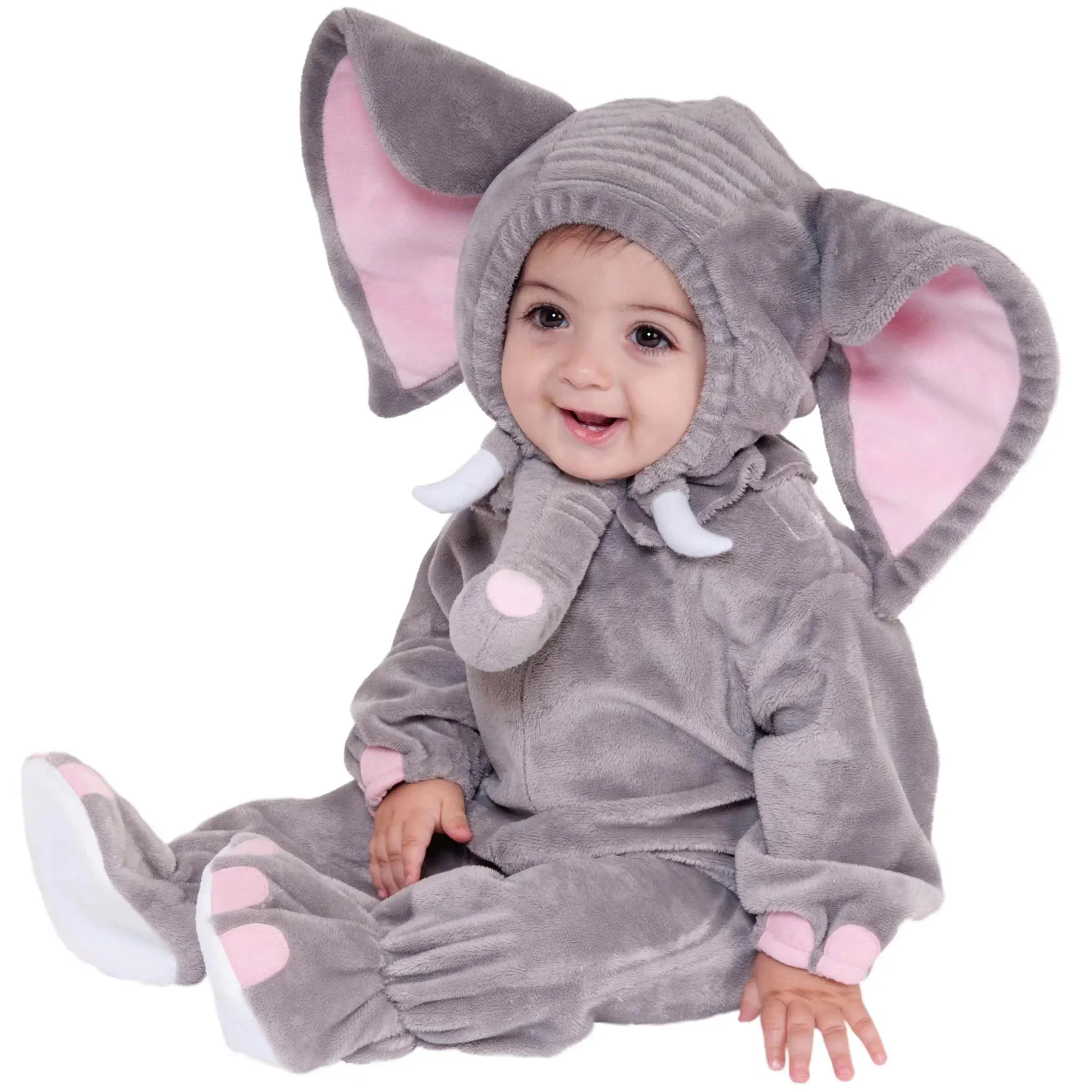 

0-24M Infant Baby Elephant Costume Boys Girls Gray Romper Jumpsuit With Shoes Pink Lined Ear Hood 2pcs/set Umorden