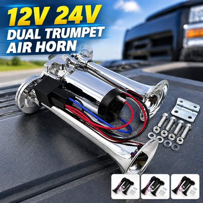24V Integrated Dual Pipe Electric Air Horn with Combined Compressor Pump All-in-one Air Trumpet Auto Vehicle Electric Pump Horn