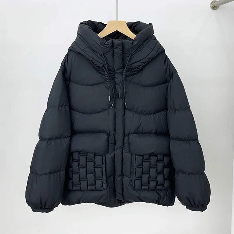 

Winter Hooded Parka Short Bread Fluffy Puffer Jacket 90% White Duck Down Coat Women Loose Warm Pocket Overcoat