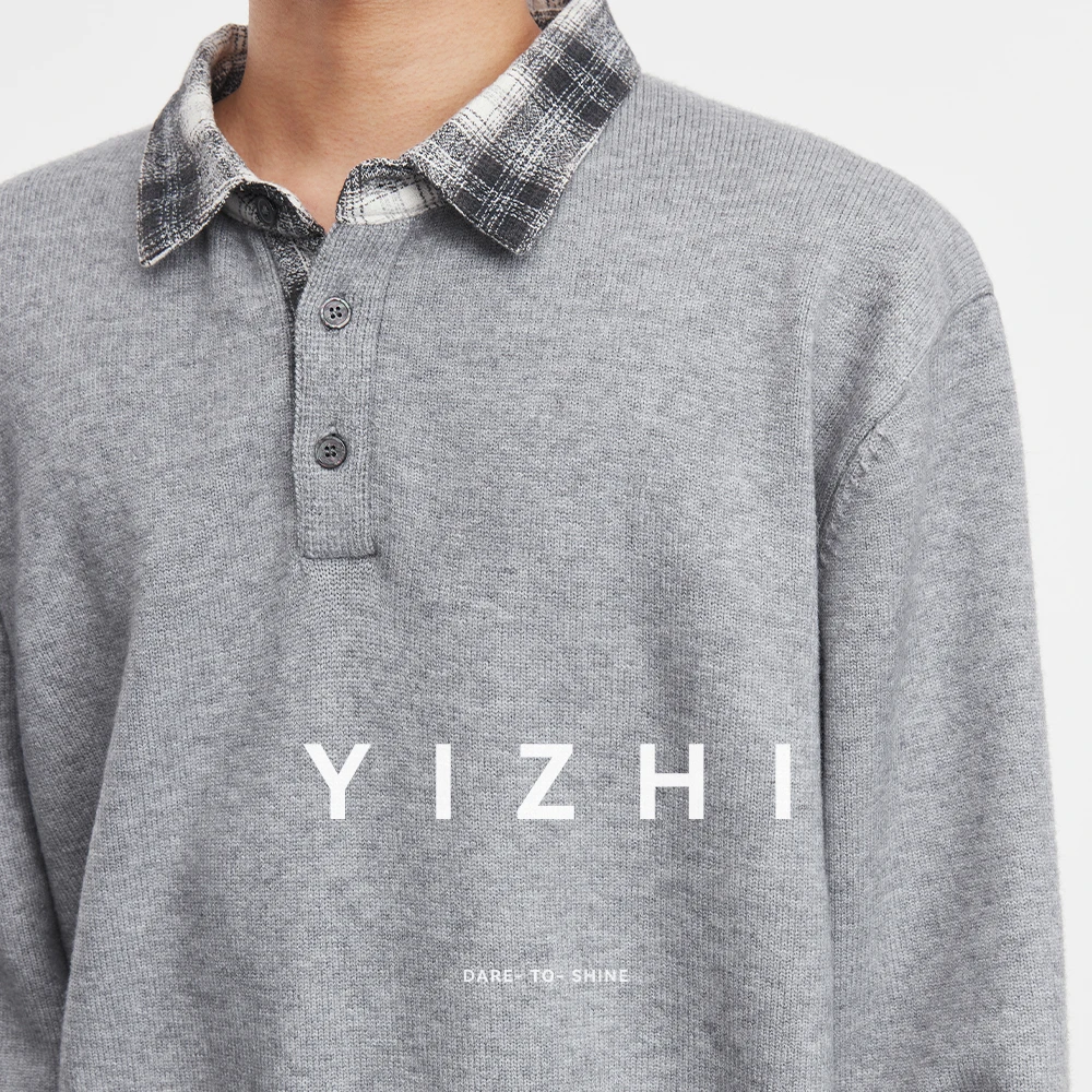 Fashion Men's Retro Fake Two-piece Plaid Splicing Shirt Collar Pullover Knitted Sweater Spring Autumn New Tops Men Clothing