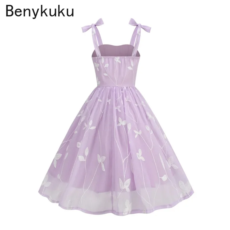 Lavender Leaf Embroiderey Vintage Dress Summer Clothes Women 2024 Knot Straps Pleated Prom Birthday Party Luxury Dresses