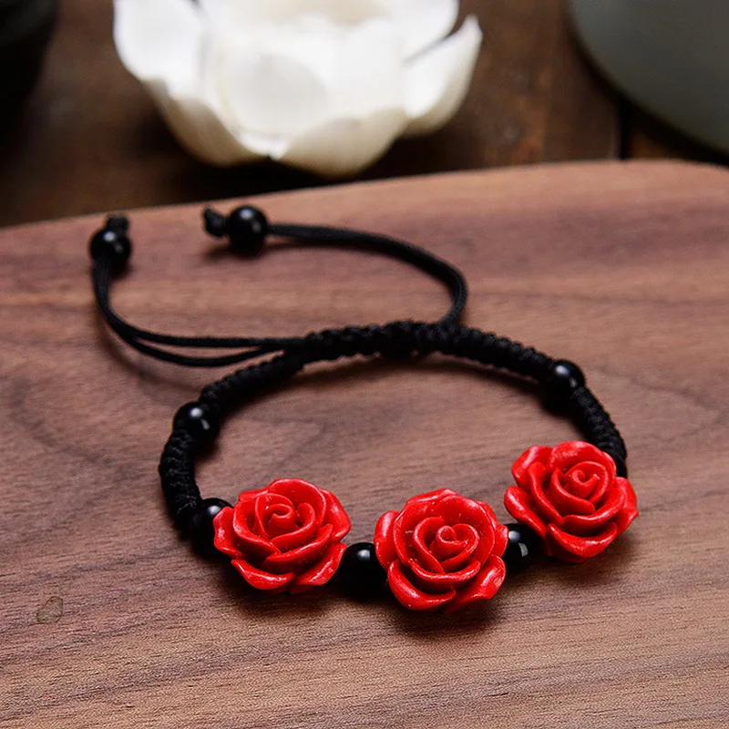 Korean Handmade Wove Rose Flower Bracelet For Women Girl Fashion Lacquer Red Rope Beaded Bracelet Accessorie Party Jewelry Gifts