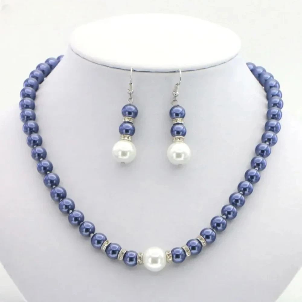 New Hot Fashion 8-12mm Blue Shell Pearl Necklace Earring Set Women and Girl Gift Jewelry Making Design Wholesale Price 18\