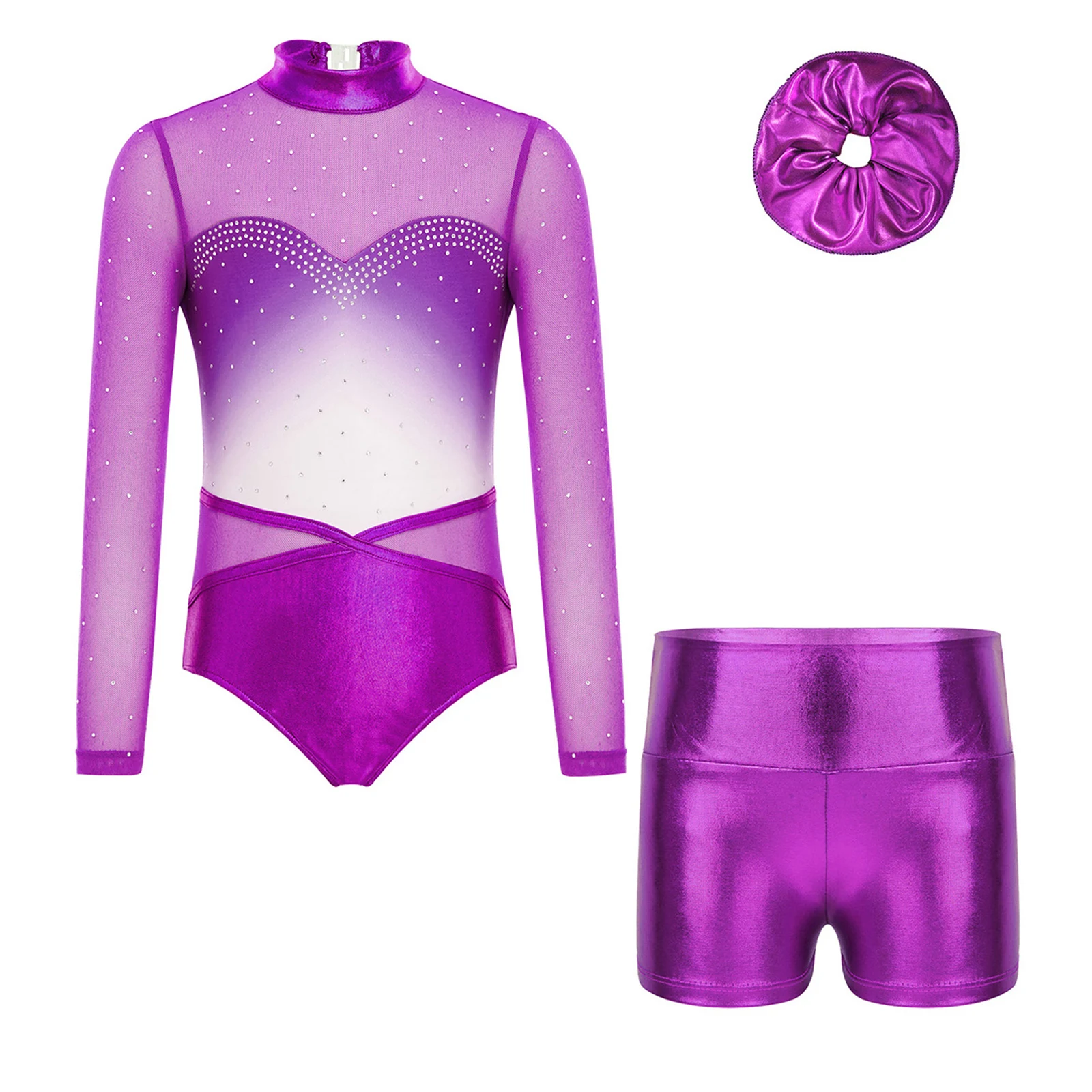 

Kids Girls Acrobatics Dance Ballet Figure Skating Gymnastics Outfit Set Long Sleeve Rhinestones Mesh Leotard Shorts And Hairband