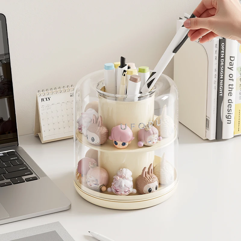 UFORU 360° Rotating Pen Holder: Large-Capacity Dustproof Transparent Thick Plastic Desktop Organizer for Stationery