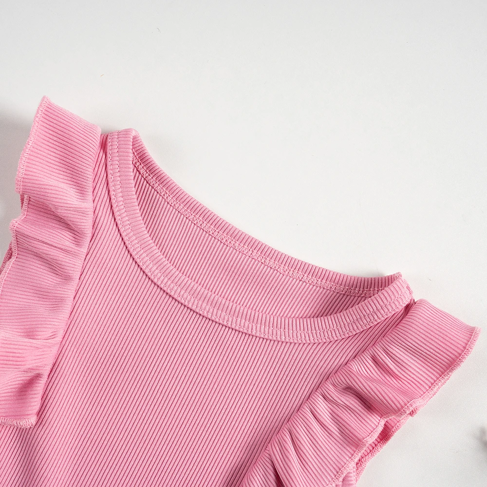 Baby Girl Summer T-shirt 3-piece Solid Color Knitted Breathable Small Flying Sleeves for Casual Fashion, Daily Wear or Home Wear