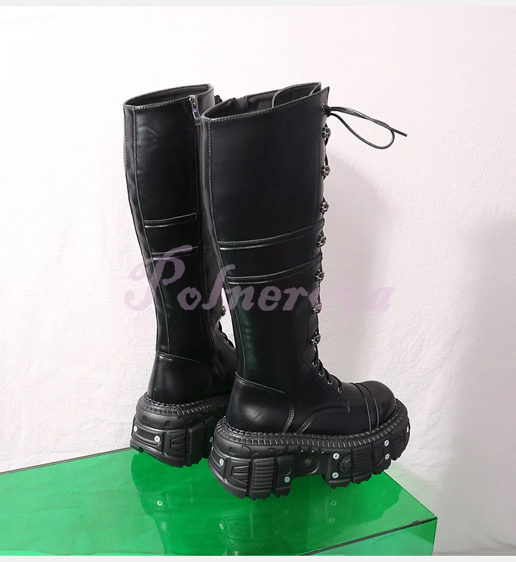 Metal Thick Bottom Boots Rock Punk Belt Buckle Height Increase Lace-Up Zipper Novelty Designer Ladies Botas Zapatos Para Mujere