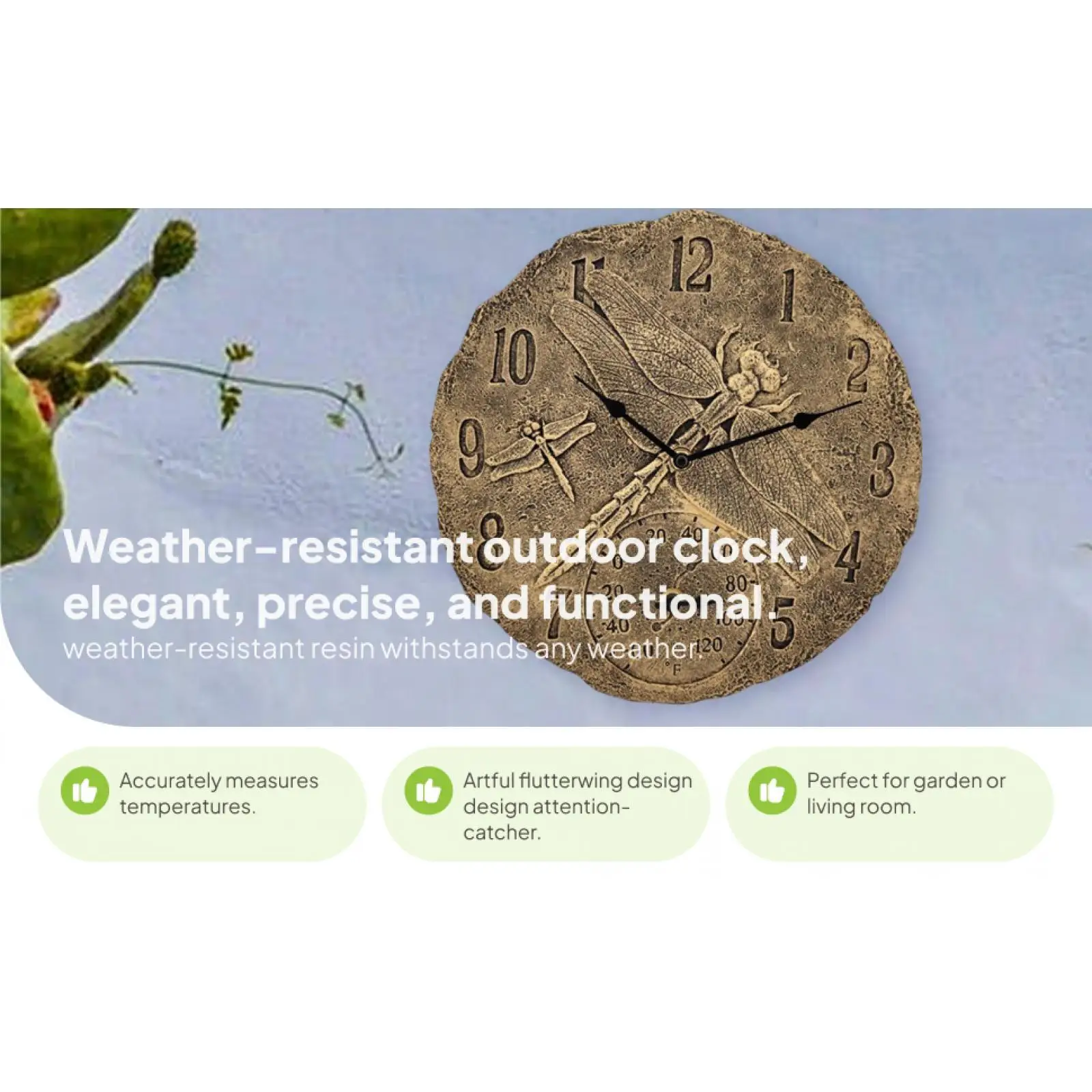 Round Wall Clock Indoor Outdoor Waterproof Temperature Display Resin Statue