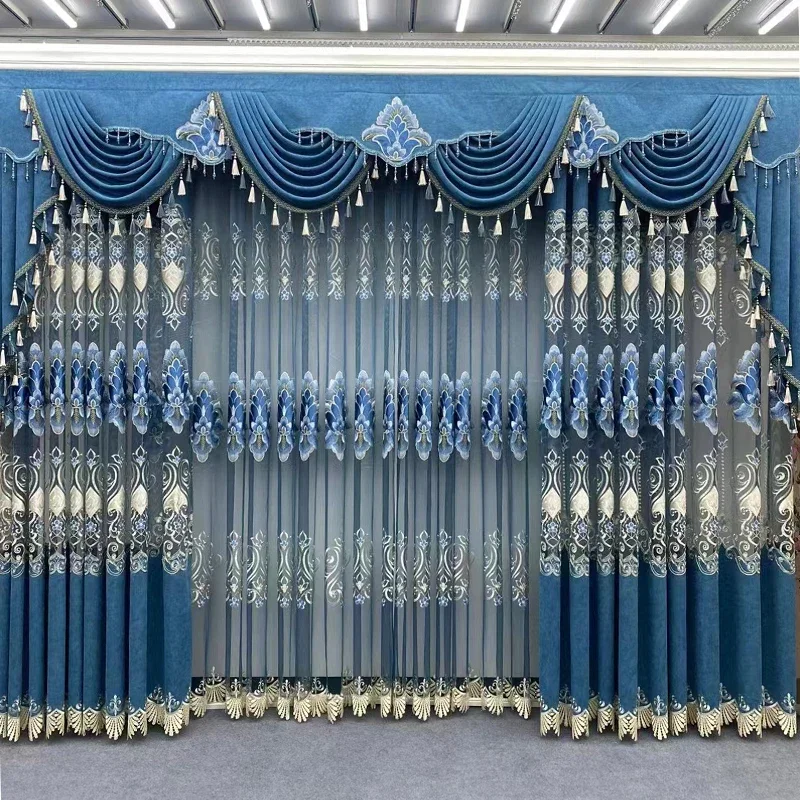 

Custom Size European Hollow Embroidered Blue Luxury Curtains for Living Room Bedroom Dining Window Chenille Blackout Elegant
