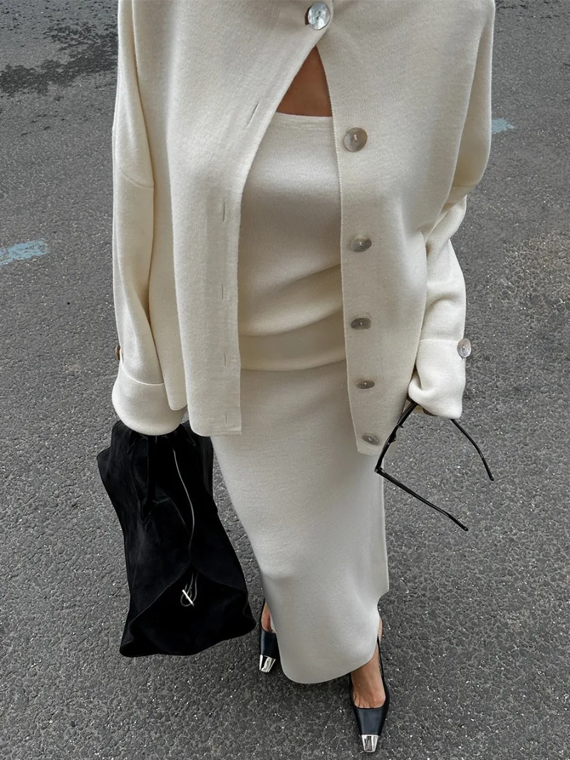 2025 Fall Winter Solid Knitted 3 Piece Set Long Sleeve Single Breasted Cardigans + Tank Tops + Bodycon Maxi Skirts Sweater Suits