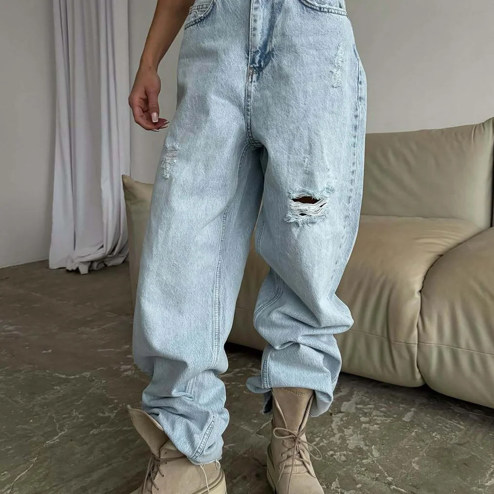 Jeans mit hoher Taille und weitem Bein für Damen, Frühlingsfaion, zerrissenes Loch-Design, lässige Taillen-Denim-Hose, lockere Passform für alle Jahreszeiten