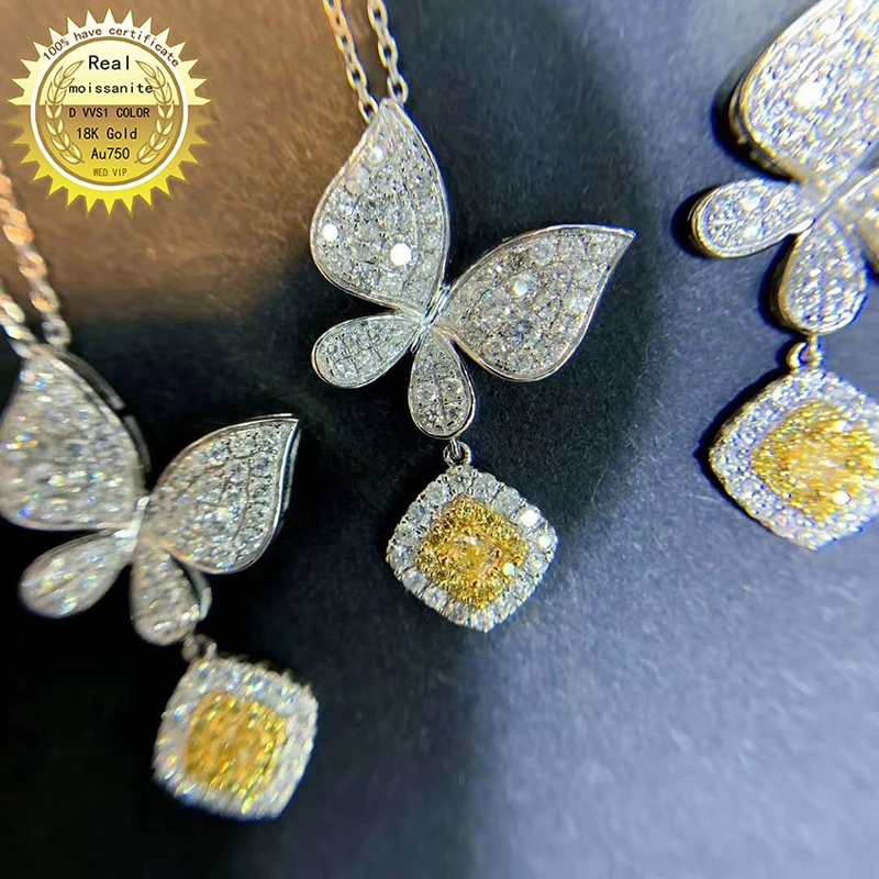 

18k Au750 Gold Natural yellow and white diamond 0.75Ct butterfly Necklace Wedding Party Engagement Anniversary Fashion Elegance