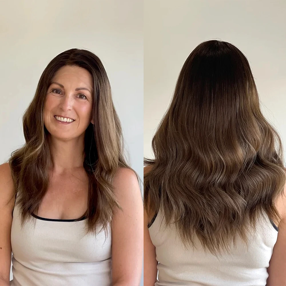20” Medium Brown Balayage Lace front Wig Melt Dark Roots Shoulder Loose Wave Realistic Look Wig for Women Daily Party Use