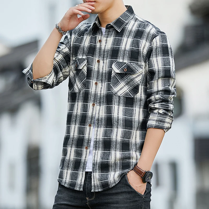 Men's Spring Autumn Turn-down Collar Plaid Striped Button Pockets Long Sleeve Cardigan Coats Casual Formal Fashion Vintage Tops