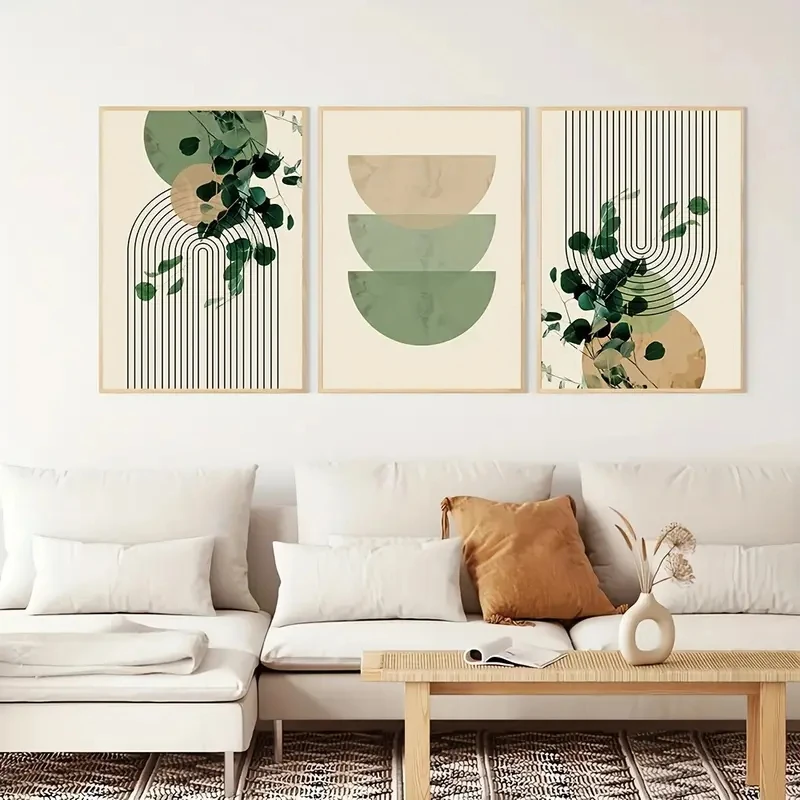 

3pcs/Set Bohemian Green Plants Eucalyptus Leaves Geometric Graphic Art Posters Retro Canvas Printing Modern Wall Home Decoration