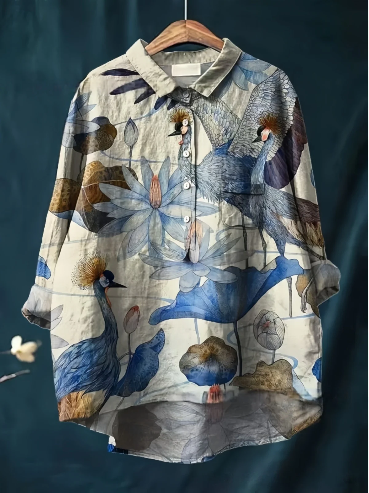 

Retro Print Collar Cotton Linen Women's irt Spring Autumn Loose Casual Middle Length Long Sve Trendy Top