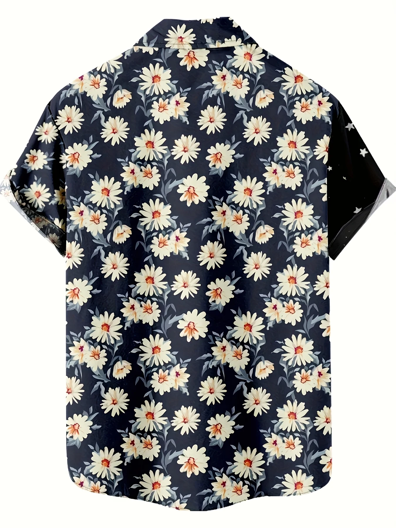 Men Split Design Skeleton Daisy Star Print Short Sleeve Shirt Lapel Collar Button‑Up Polyester Casual Beach Blouse